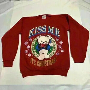 Vintage Kiss Me It’s Christmas Bear Winter‎ Sweatshirt Jumper Oversized Tultex
